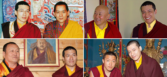 The 17th Karmapa with, from top left: the King of Bhutan Jigme Wangchuk, Drikung Chetsang Rinpoche, Hambo Lama Damba Ayusheeyev, Dilgo Khyentse Yangsi Rinpoche